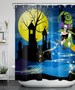 Ghost Castle And Skull Pumpkin Halloween Shower Curtain - Creepy Halloween Decor