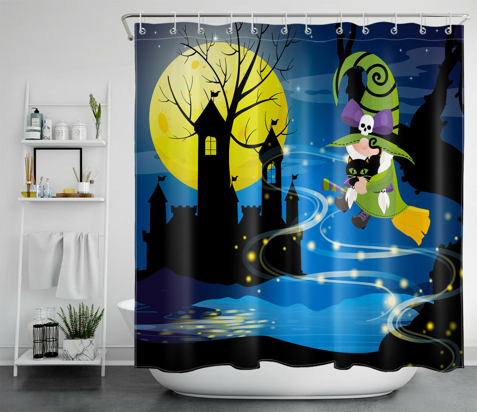 Ghost Castle And Skull Pumpkin Halloween Shower Curtain - Creepy Halloween Decor