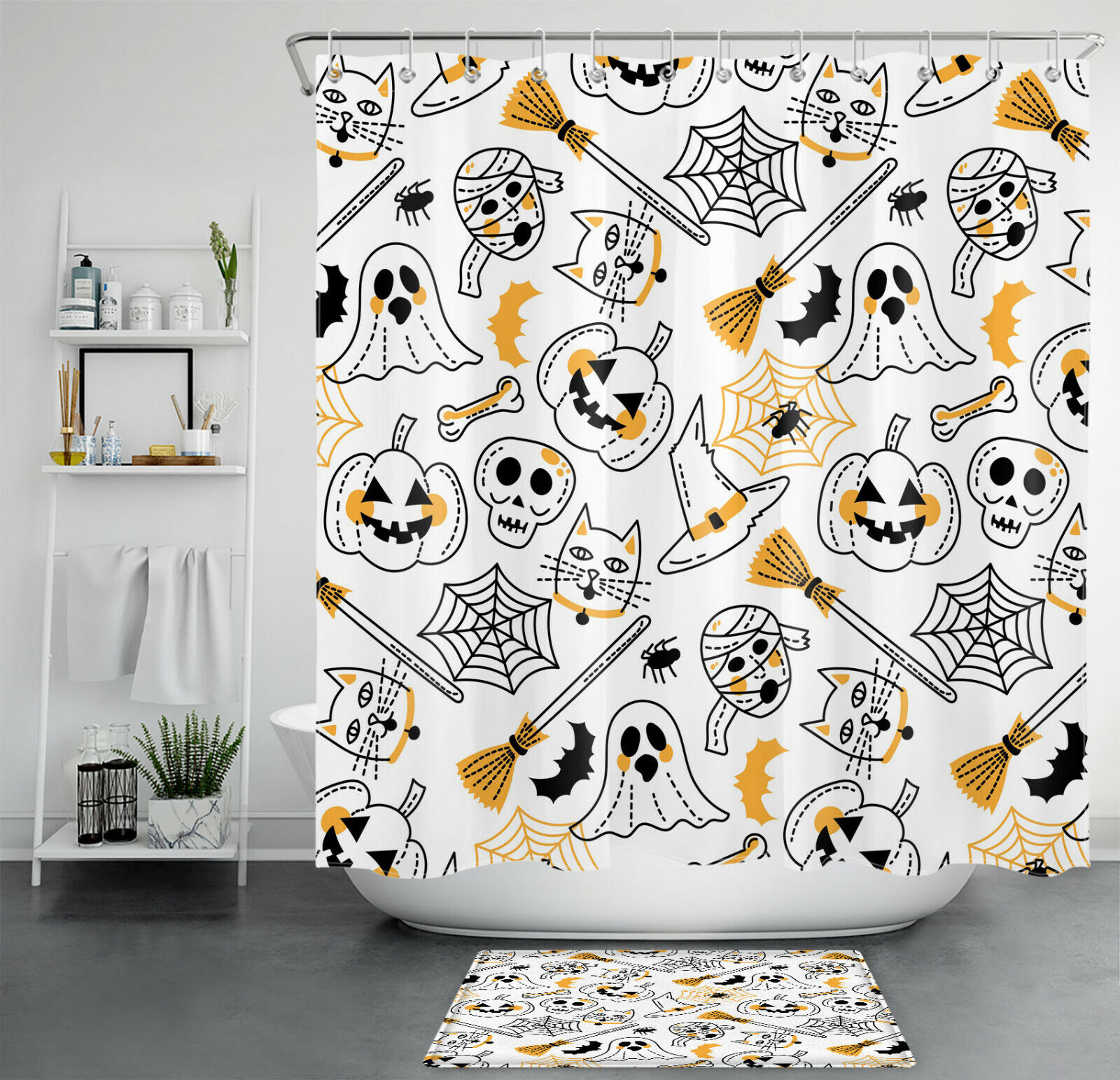 Ghost Pumpkin with Spider Web Print Shower Curtain, Perfect for the Halloween Bathroom Decor