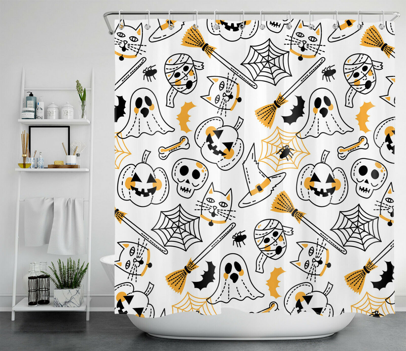 Ghost Pumpkin with Spider Web Print Shower Curtain, Perfect for the Halloween Bathroom Decor