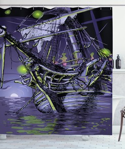 Ghost Vessel Island Print Shower Curtain for Pirate and Sea Lovers