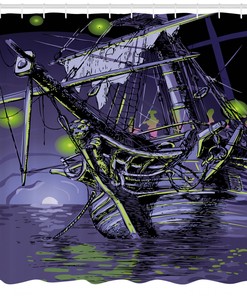 Ghost Vessel Island Print Shower Curtain for Pirate and Sea Lovers
