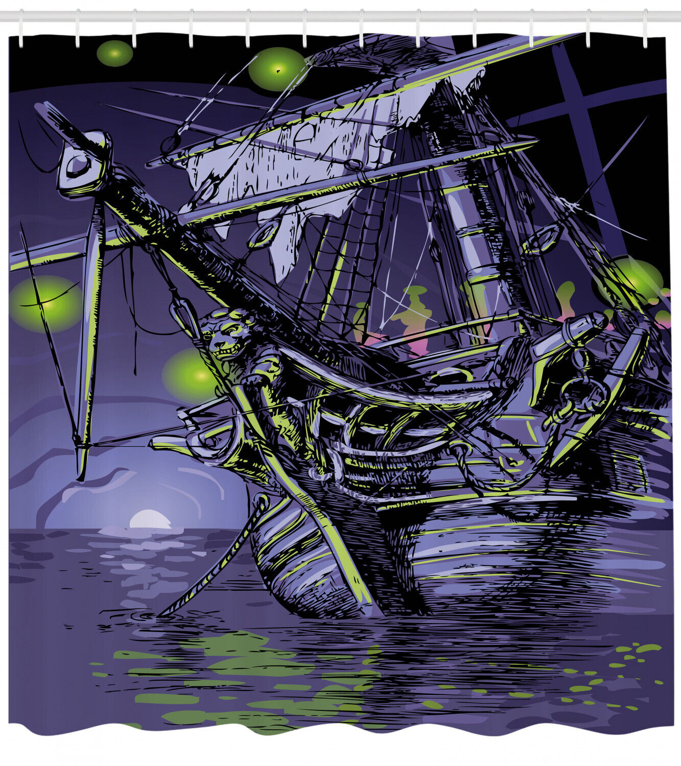 Ghost Vessel Island Print Shower Curtain for Pirate and Sea Lovers