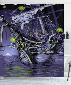 Ghost Vessel Island Print Shower Curtain for Pirate and Sea Lovers