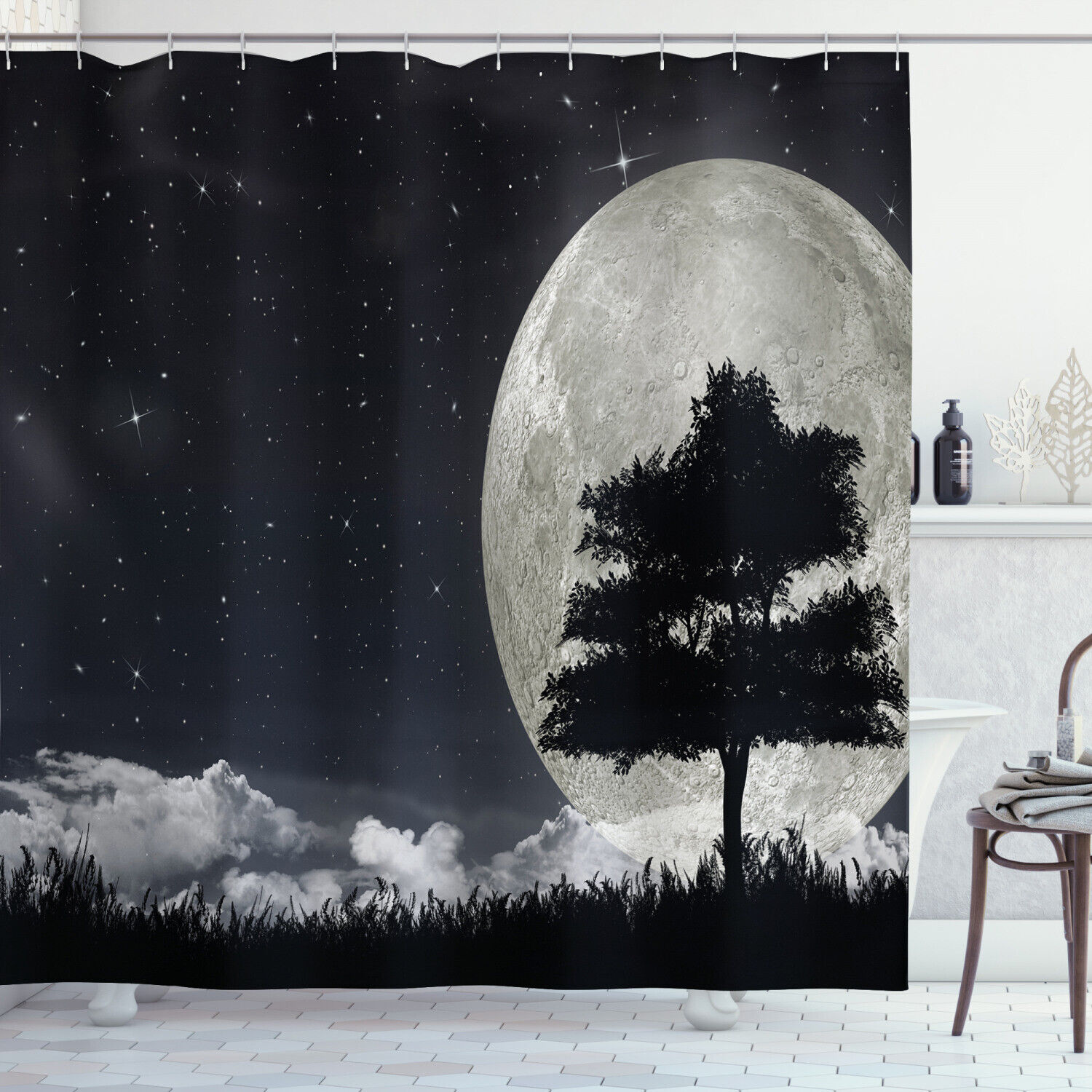 Giant Moon Ancient Tree Night Shower Curtain for a Magical Bathroom