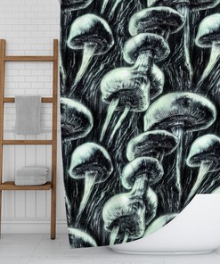 Gift-Worthy Magic Mushroom Shower Curtain in Checker, Checkered, Pink, Smiles, Flower, and Psychedelic Design. 