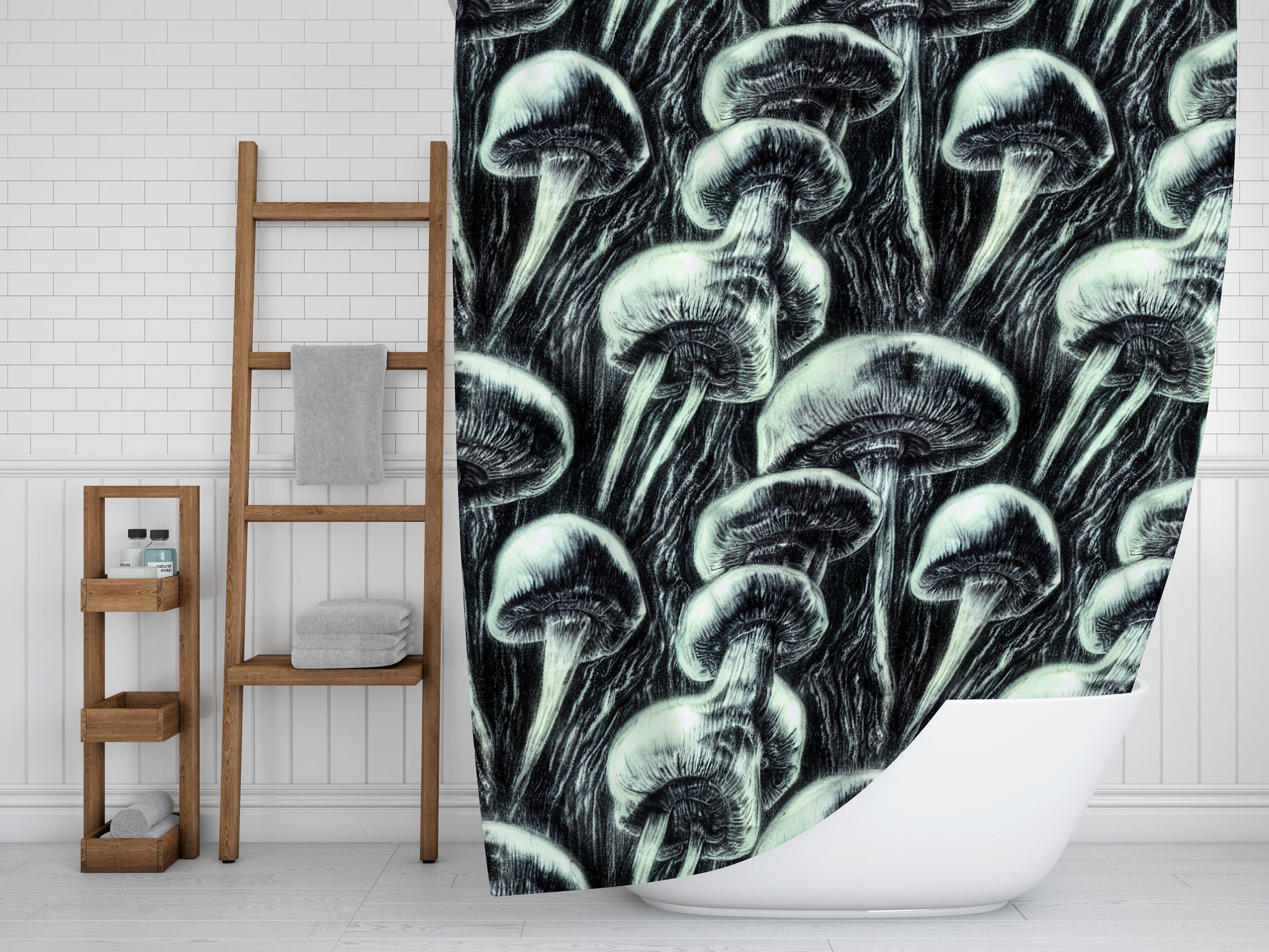Gift-Worthy Magic Mushroom Shower Curtain in Checker, Checkered, Pink, Smiles, Flower, and Psychedelic Design.