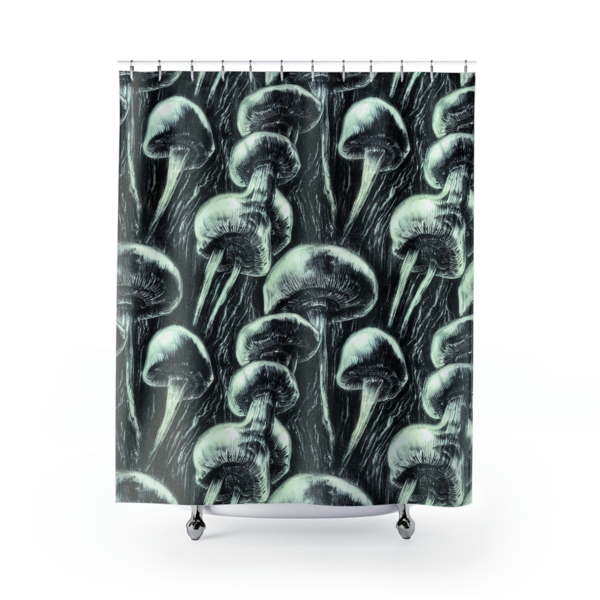 Gift-Worthy Magic Mushroom Shower Curtain in Checker, Checkered, Pink, Smiles, Flower, and Psychedelic Design.