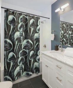Gift-Worthy Magic Mushroom Shower Curtain in Checker, Checkered, Pink, Smiles, Flower, and Psychedelic Design.