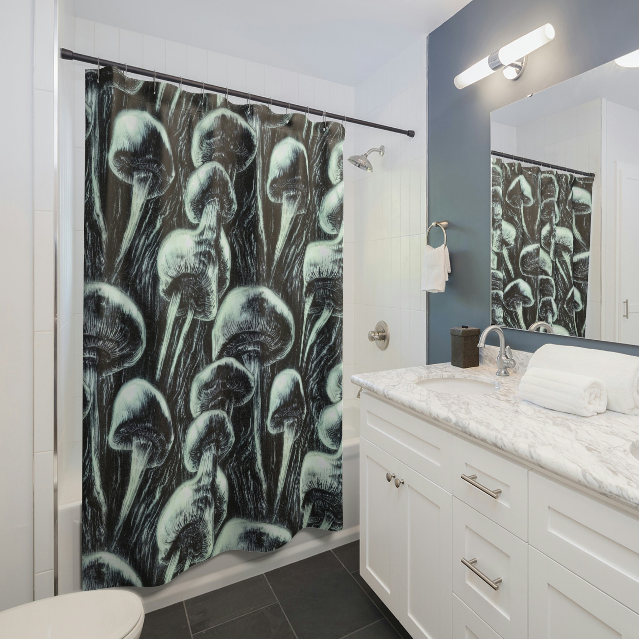 Gift-Worthy Magic Mushroom Shower Curtain in Checker, Checkered, Pink, Smiles, Flower, and Psychedelic Design.