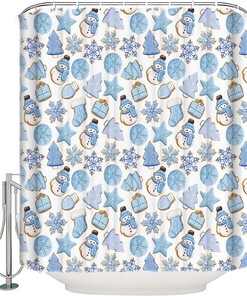 Gingerbread Snowflake Shower Curtain | Blue Christmas Snowman Bathroom Decor