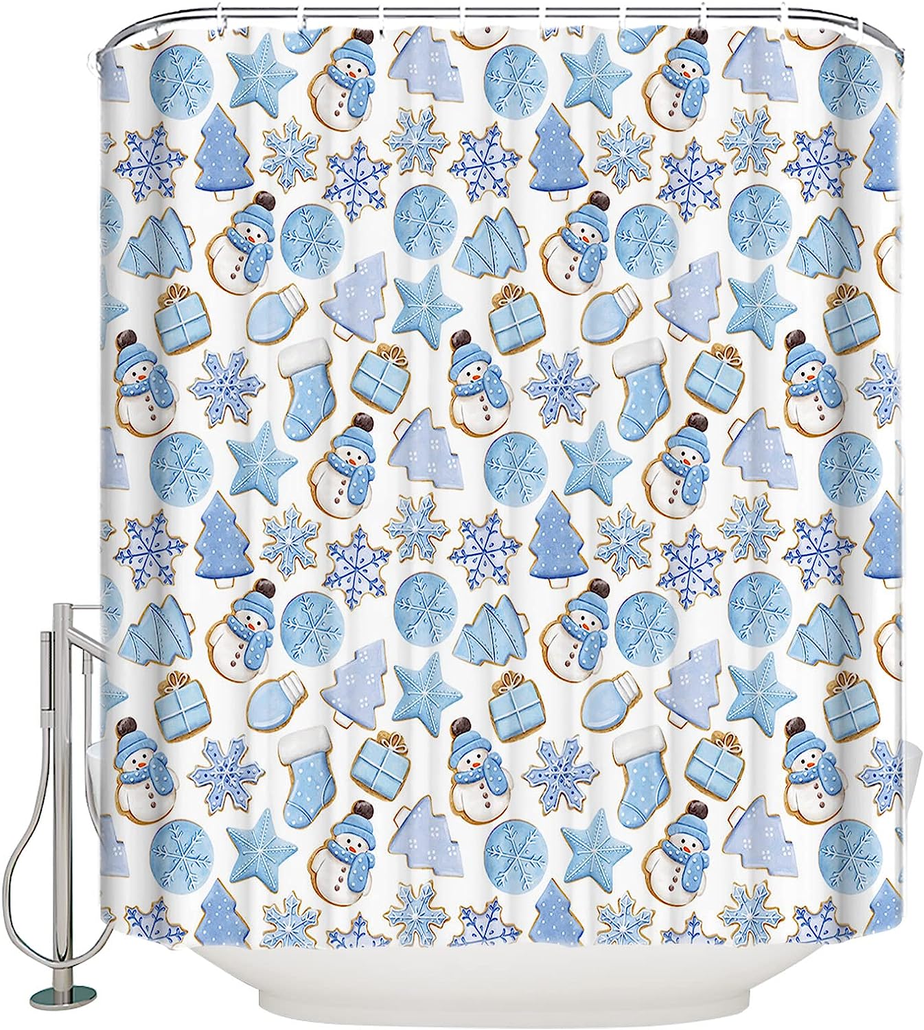 Gingerbread Snowflake Shower Curtain | Blue Christmas Snowman Bathroom Decor