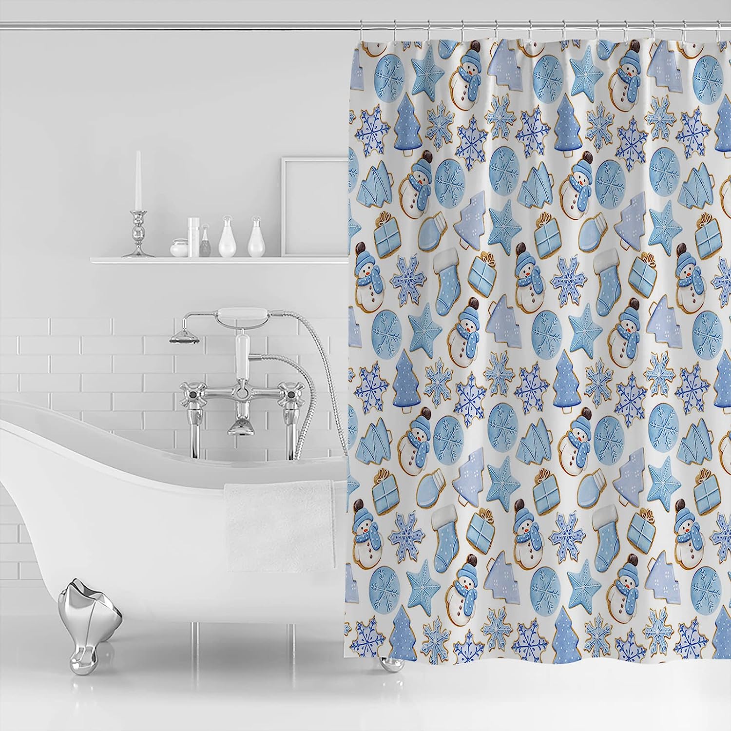 Gingerbread Snowflake Shower Curtain | Blue Christmas Snowman Bathroom Decor - Image 2