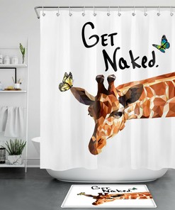 Giraffe And Butterfly Mosaic Geometric Shower Curtain, Unique Bathroom Decor Accessory