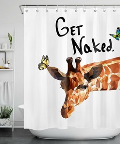 Giraffe And Butterfly Mosaic Geometric Shower Curtain, Unique Bathroom Decor Accessory