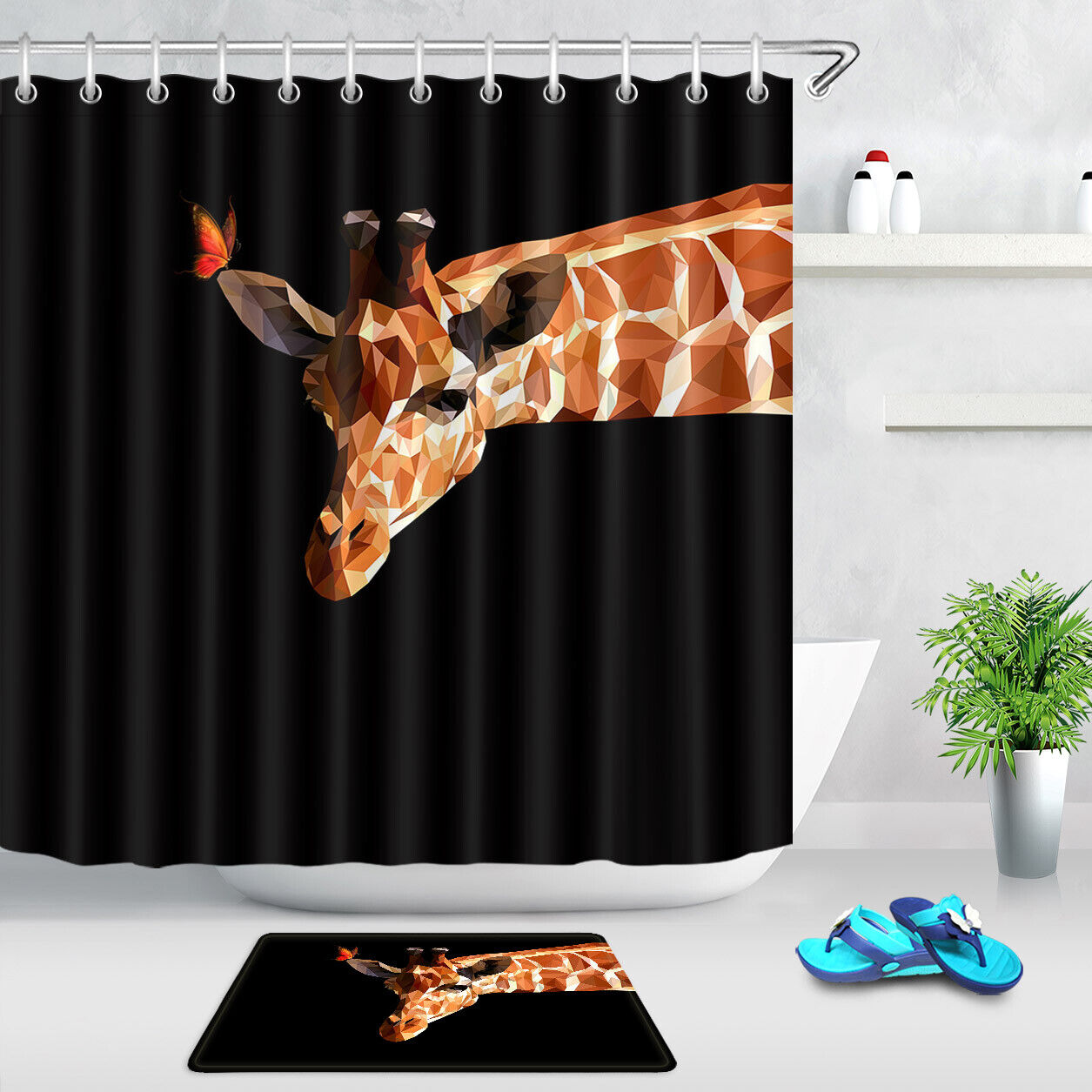Giraffe And Butterfly Print Shower Curtain For African Safari Bathroom Decor