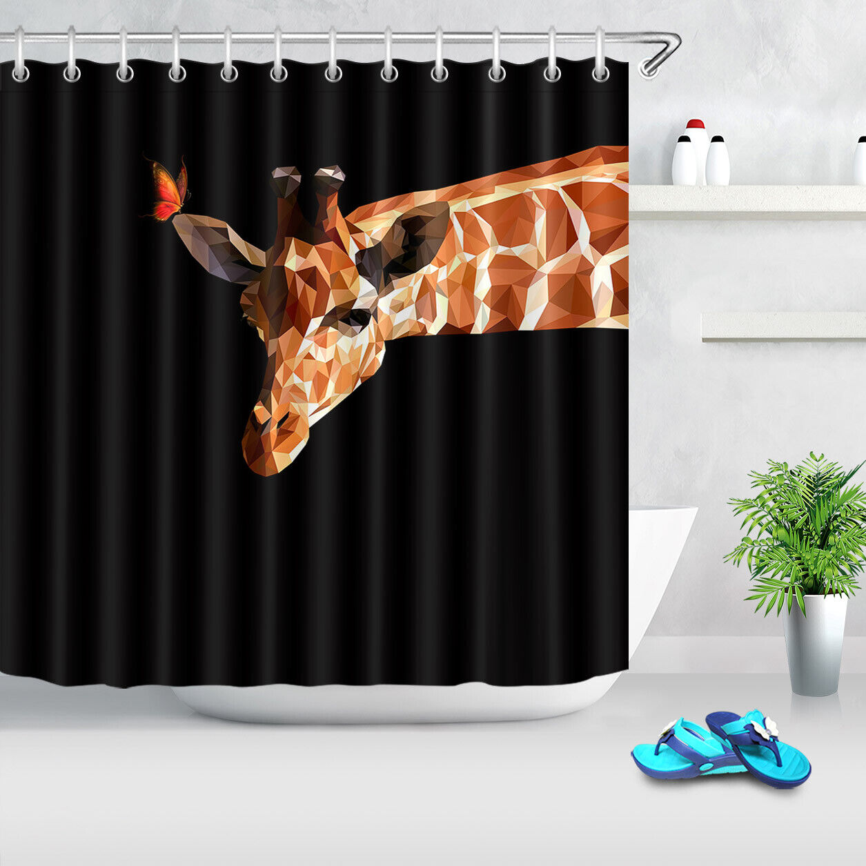 Giraffe And Butterfly Print Shower Curtain For African Safari Bathroom Decor - Image 2