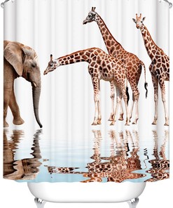 Giraffe And Elephant Animal Shower Curtain Art Bathroom Decor Waterproof Fabric