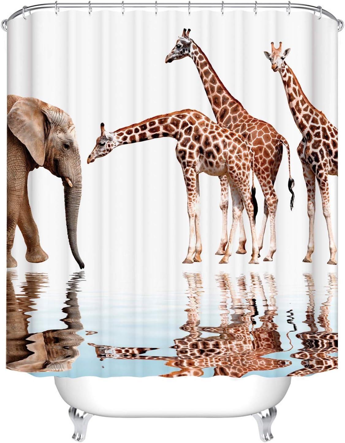 Giraffe And Elephant Animal Shower Curtain Art Bathroom Decor Waterproof Fabric