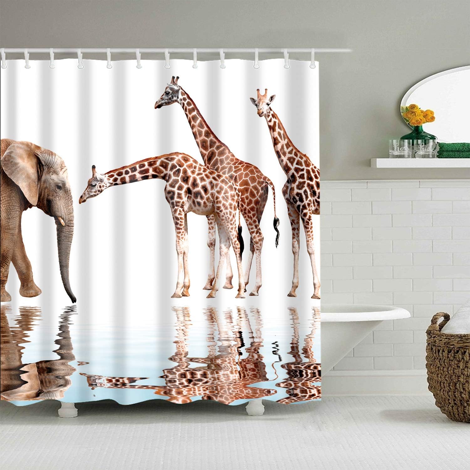 Giraffe And Elephant Animal Shower Curtain Art Bathroom Decor Waterproof Fabric - Image 2