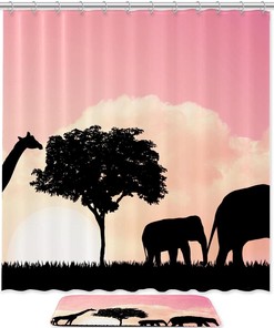 Giraffe And Elephant Pattern Shower Curtain, Waterproof Bathroom Curtain