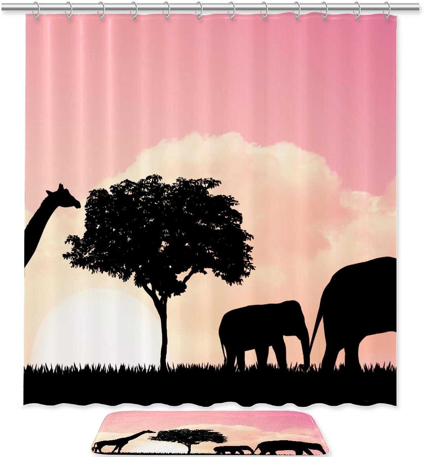 Giraffe And Elephant Pattern Shower Curtain, Waterproof Bathroom Curtain