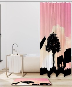 Giraffe And Elephant Pattern Shower Curtain, Waterproof Bathroom Curtain