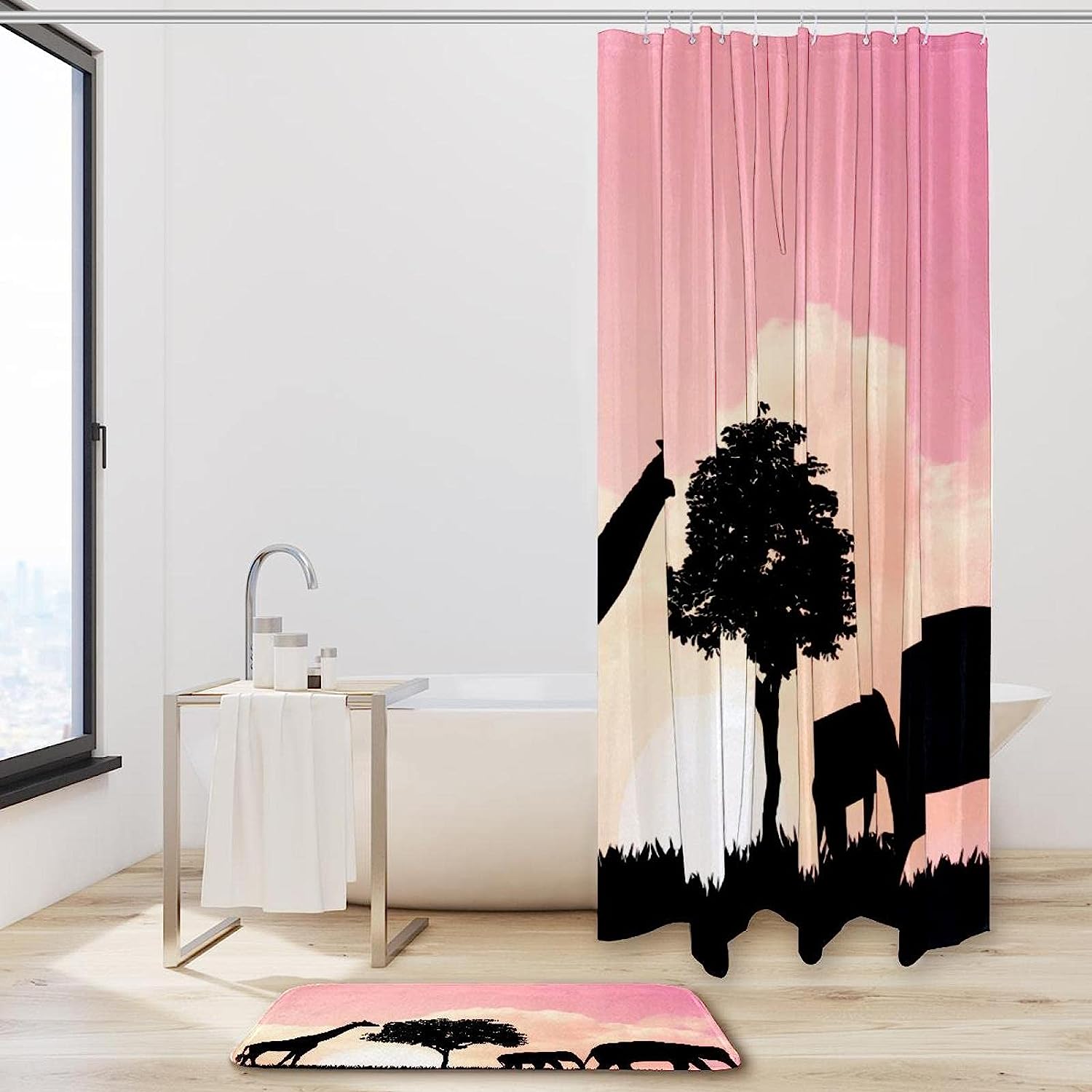 Giraffe And Elephant Pattern Shower Curtain, Waterproof Bathroom Curtain