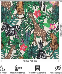 Giraffe And Zebra Shower Curtain, Tropical Jungle Bath Curtain