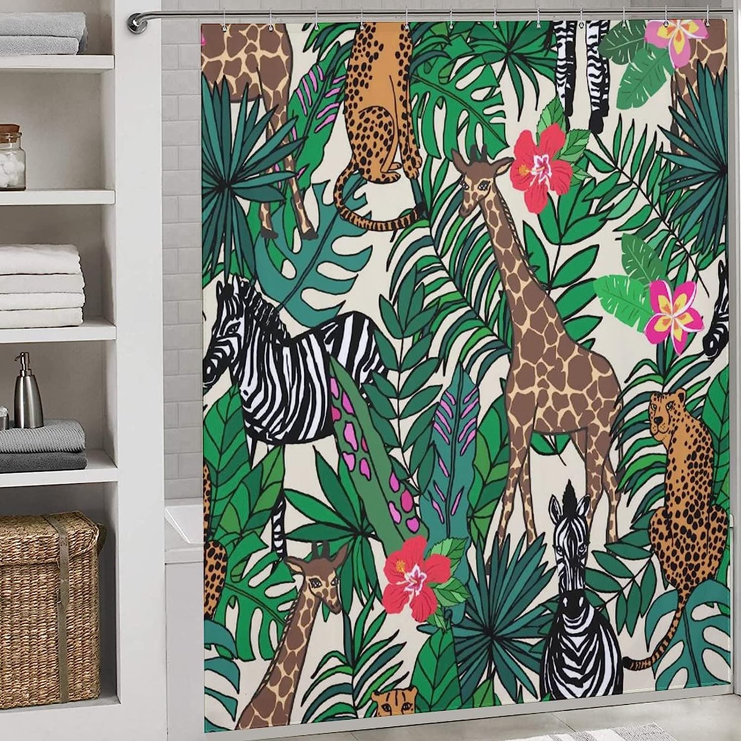 Giraffe And Zebra Shower Curtain, Tropical Jungle Bath Curtain