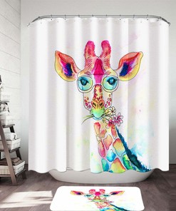 Giraffe Drawing Fabric Shower Curtain With Cute And Colorful Design, Ideal Bathroom Accessory