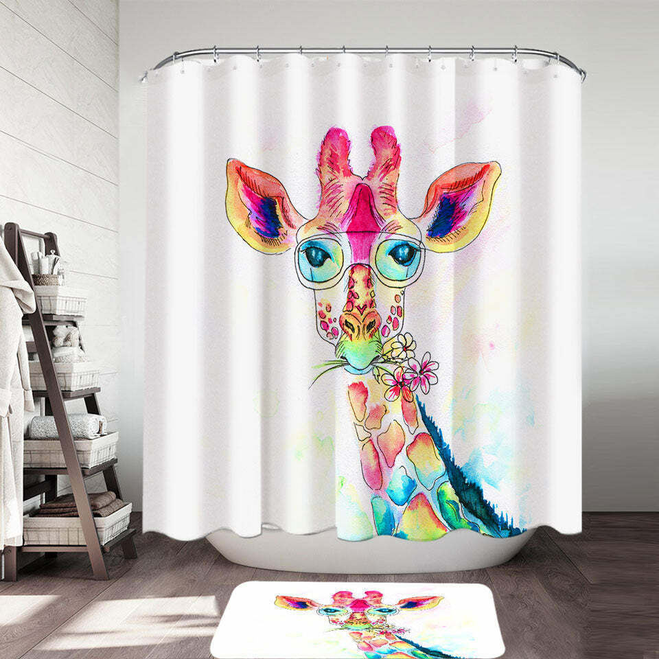 Giraffe Drawing Fabric Shower Curtain With Cute And Colorful Design, Ideal Bathroom Accessory