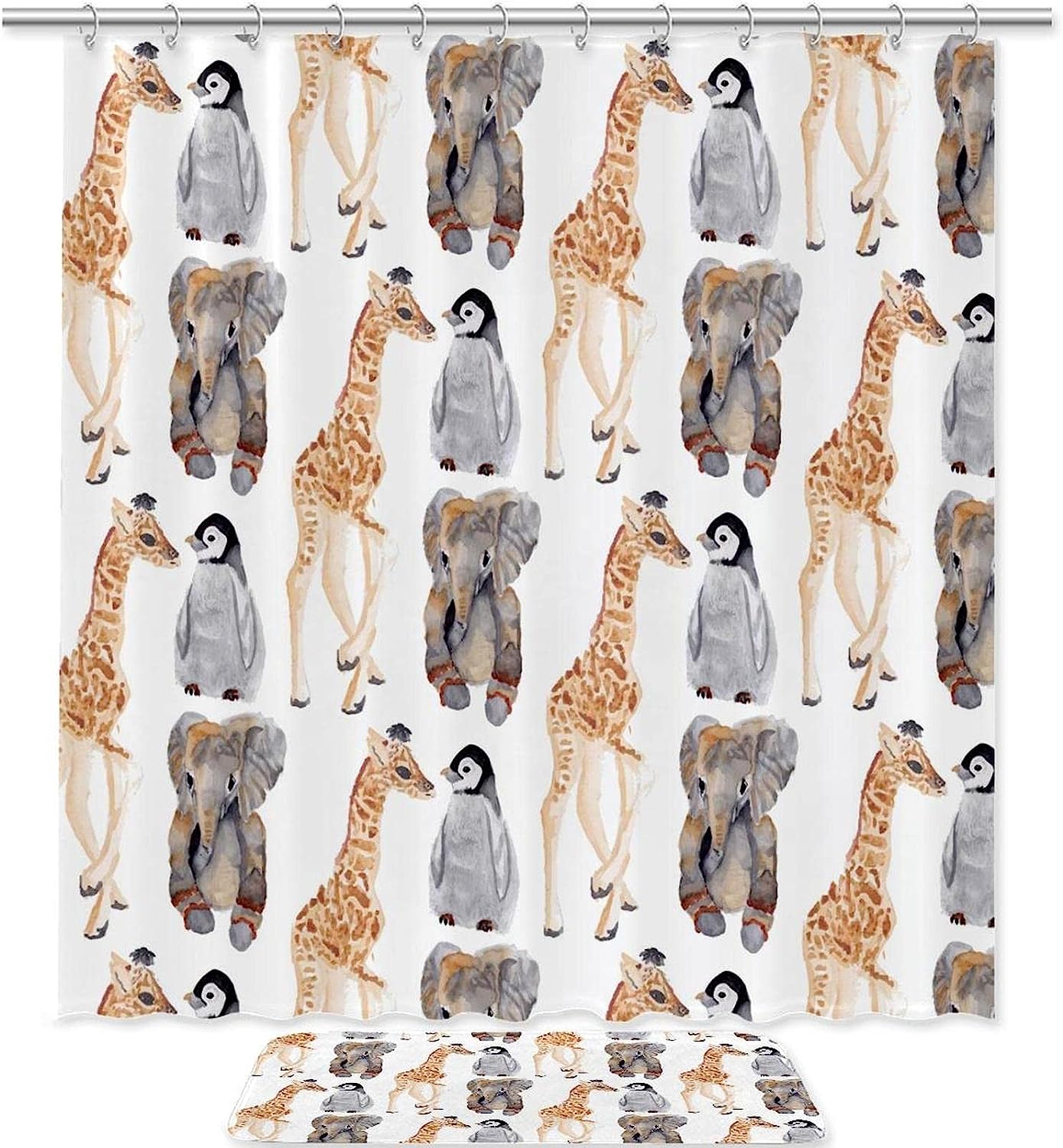 Giraffe Elephant Penguin Shower Curtain, Cute And Waterproof Bath Curtain