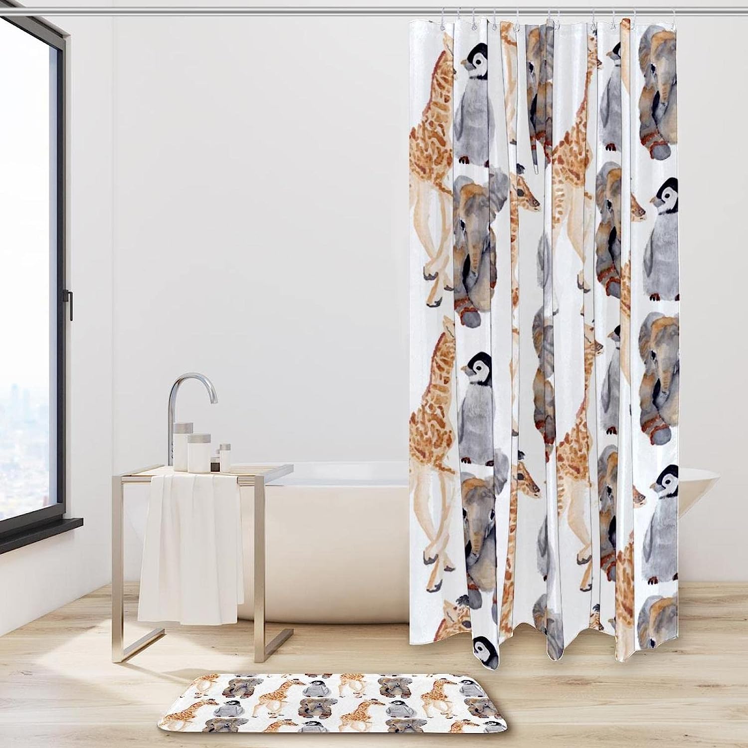 Giraffe Elephant Penguin Shower Curtain, Cute And Waterproof Bath Curtain
