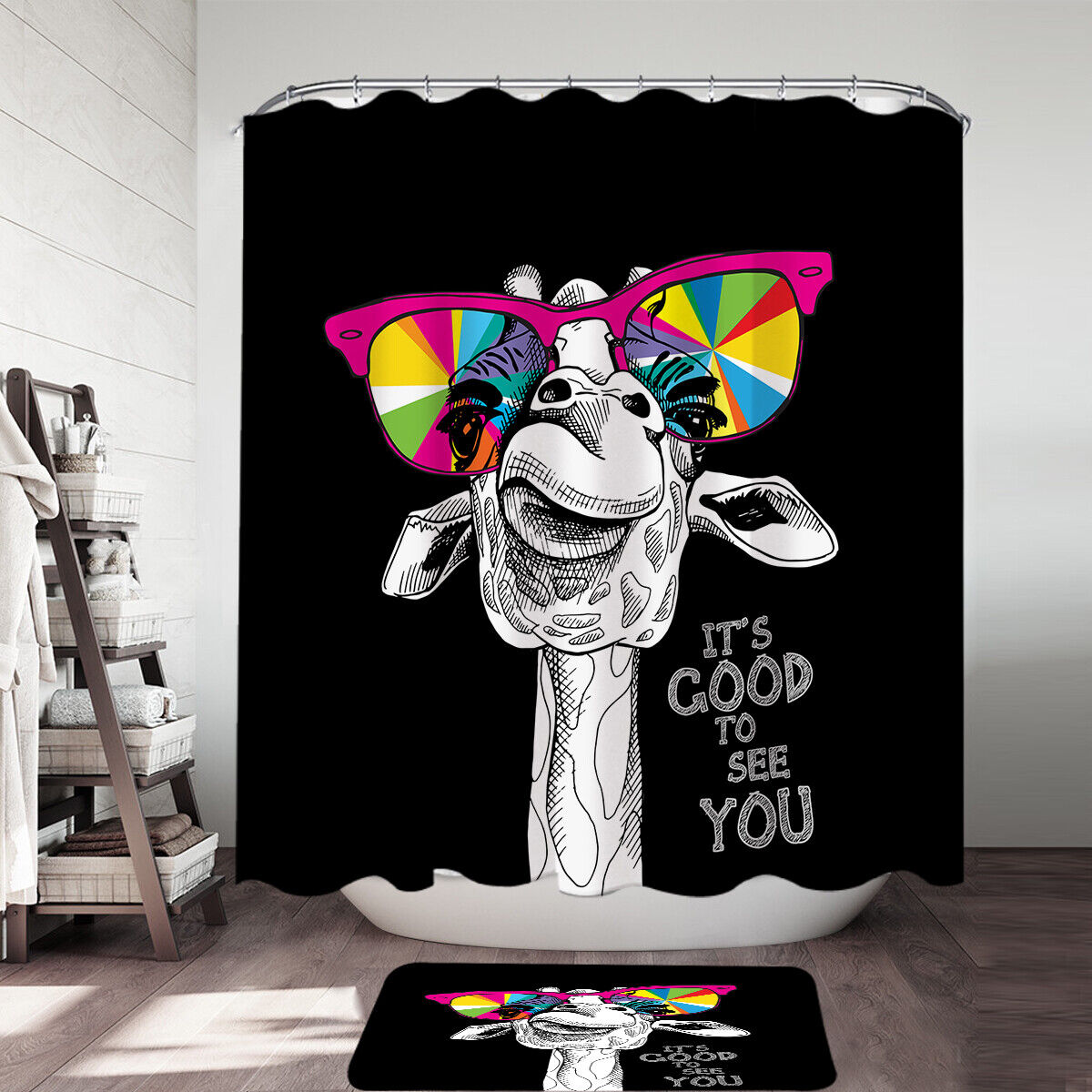 Giraffe Glasses Fabric Shower Curtain With Fun And Colorful Design, Perfect For Any Bathroom