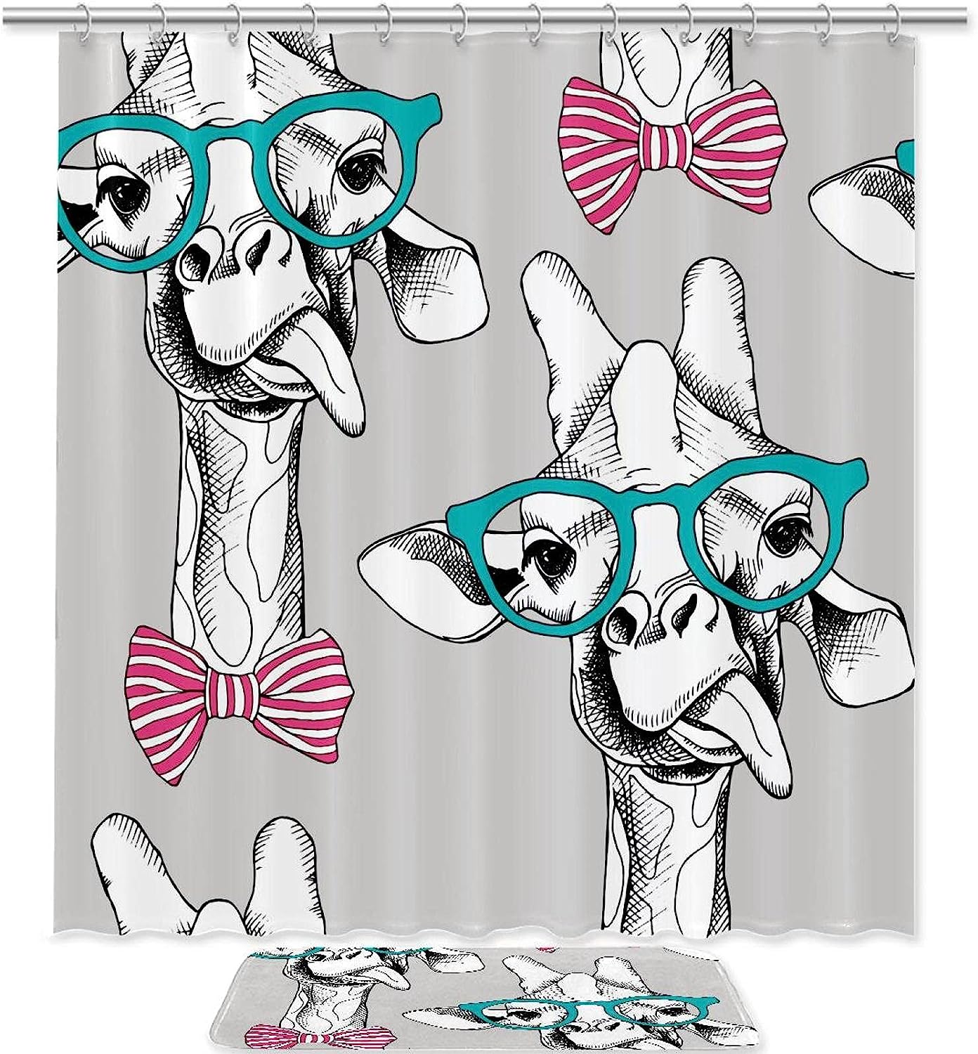 Giraffe Glasses Pink Bow Funny Shower Curtain - Animal Bathroom Decor