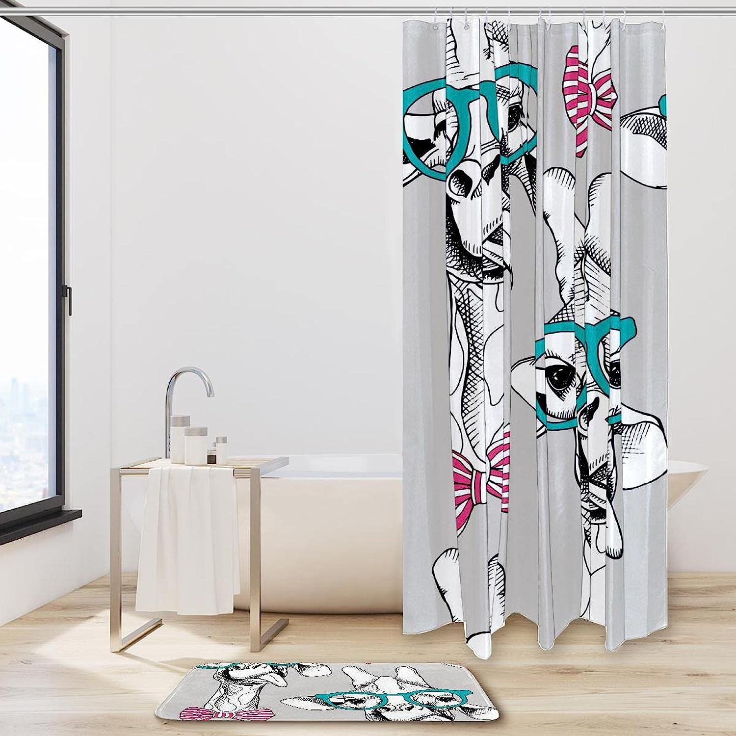 Giraffe Glasses Pink Bow Funny Shower Curtain - Animal Bathroom Decor
