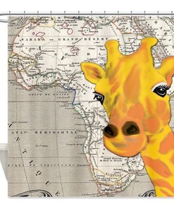 Giraffe Kids Shower Curtain - Colorful African Map With Cute And Playful Animal Design