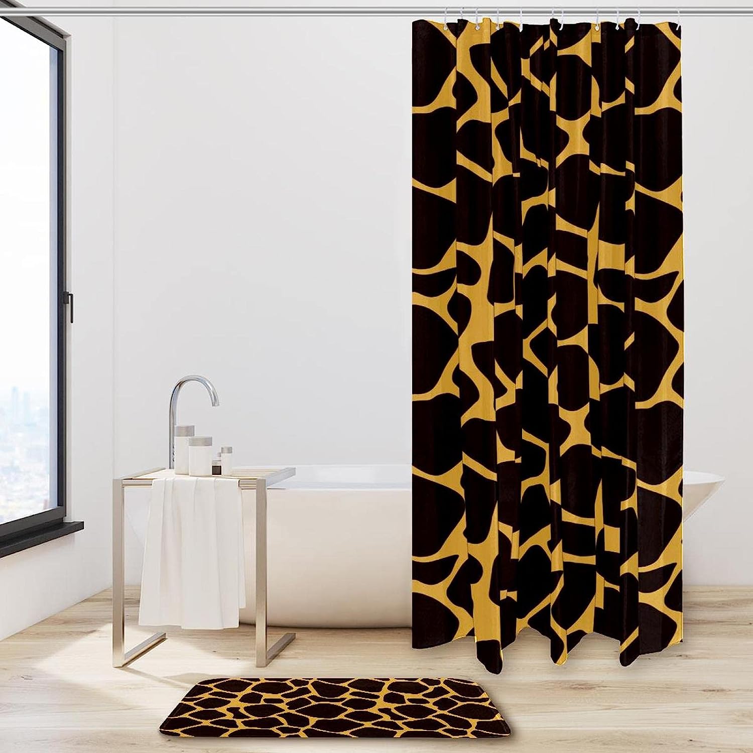 Giraffe Pattern Black Yellow Shower Curtain, Waterproof Fabric Bathroom Curtain