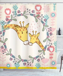 Giraffe Shower Curtain, Cartoon Mom And Kid Print - Cute Bathroom Decor