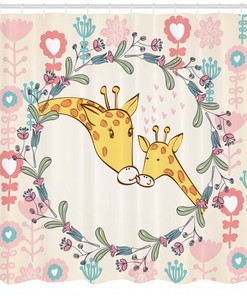 Giraffe Shower Curtain, Cartoon Mom And Kid Print - Cute Bathroom Decor