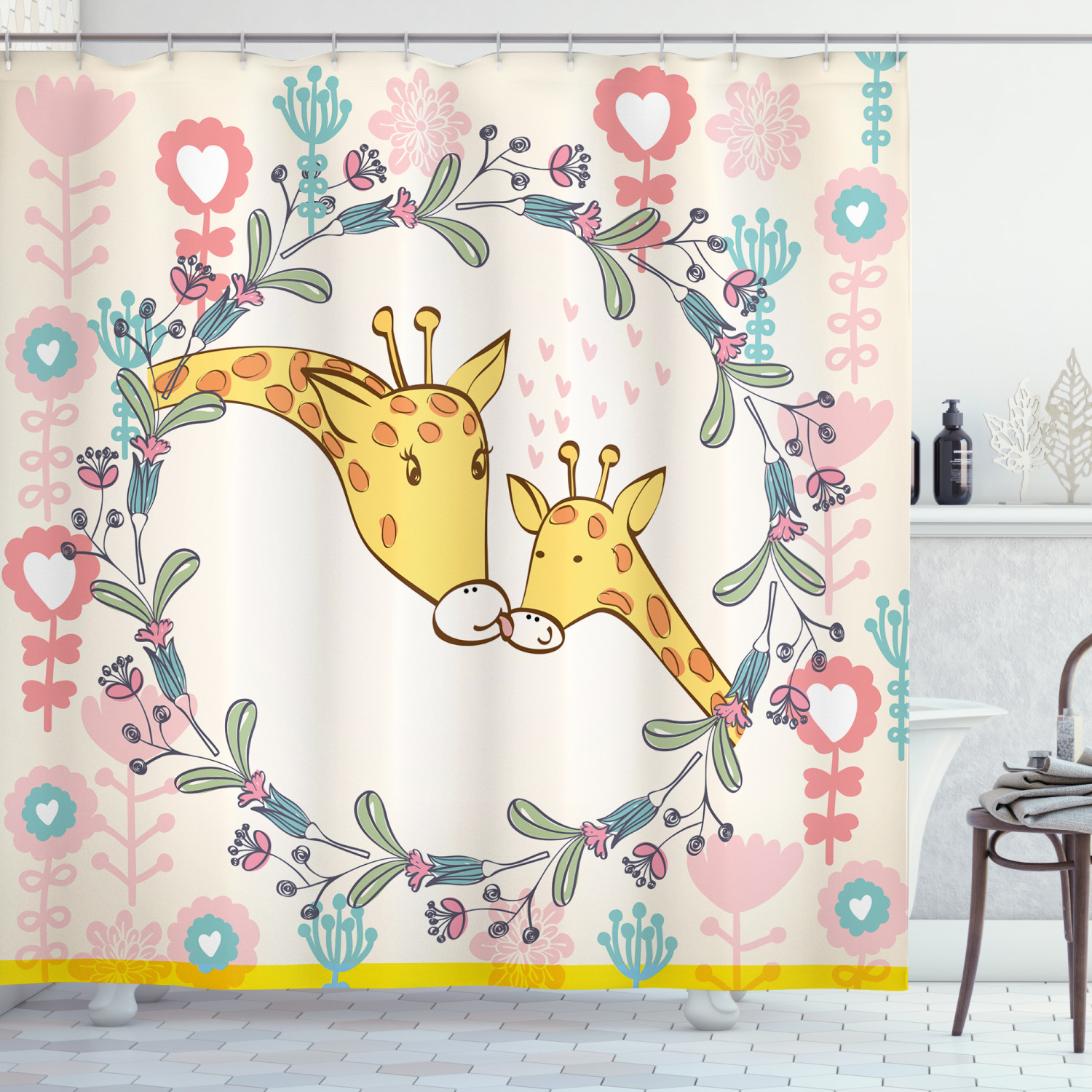 Giraffe Shower Curtain, Cartoon Mom And Kid Print - Cute Bathroom Decor