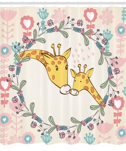 Giraffe Shower Curtain, Cartoon Mom And Kid Print - Cute Bathroom Decor