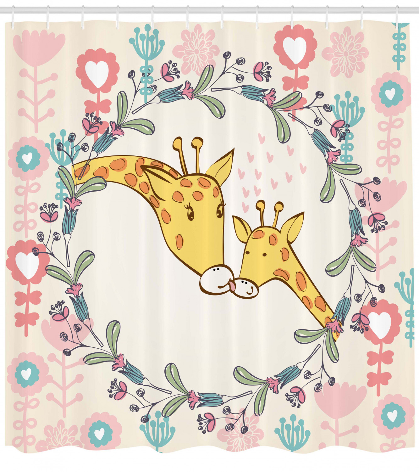 Giraffe Shower Curtain, Cartoon Mom And Kid Print - Cute Bathroom Decor