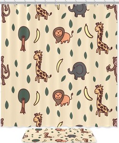Giraffe Shower Curtain, Lion Elephant And Monkey Print - Waterproof Bath Curtain
