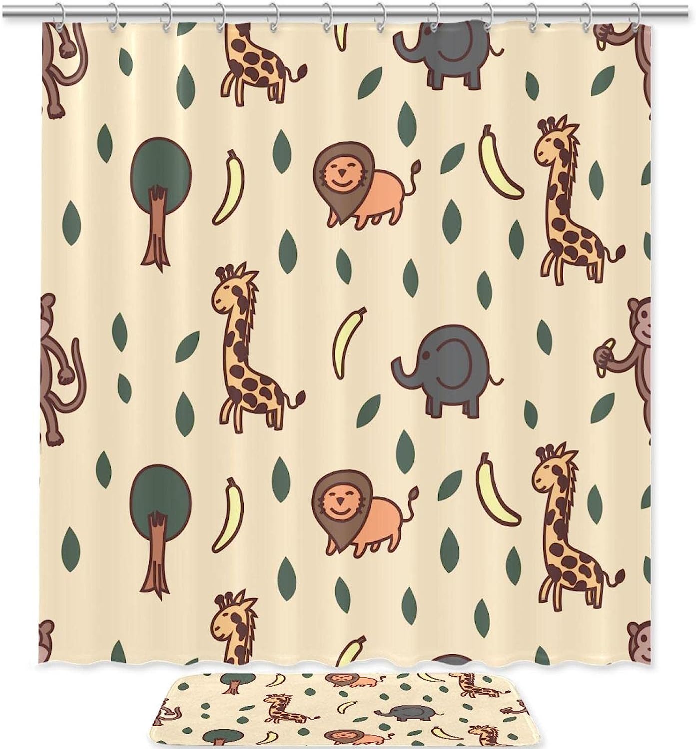 Giraffe Shower Curtain, Lion Elephant And Monkey Print - Waterproof Bath Curtain