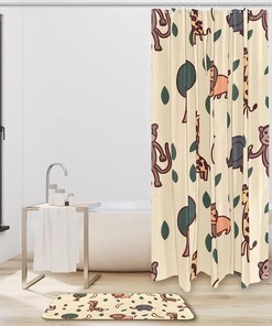 Giraffe Shower Curtain, Lion Elephant And Monkey Print - Waterproof Bath Curtain