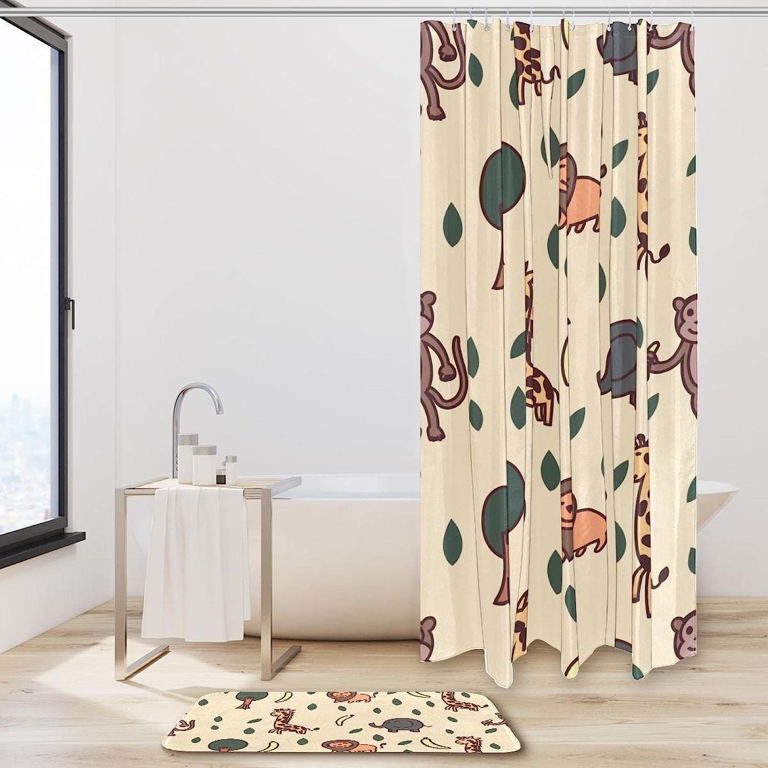 Giraffe Shower Curtain, Lion Elephant And Monkey Print - Waterproof Bath Curtain