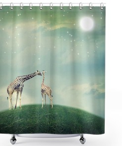 Giraffe Shower Curtain, Mother-Child Animal Print, Romantic Bathroom Decor