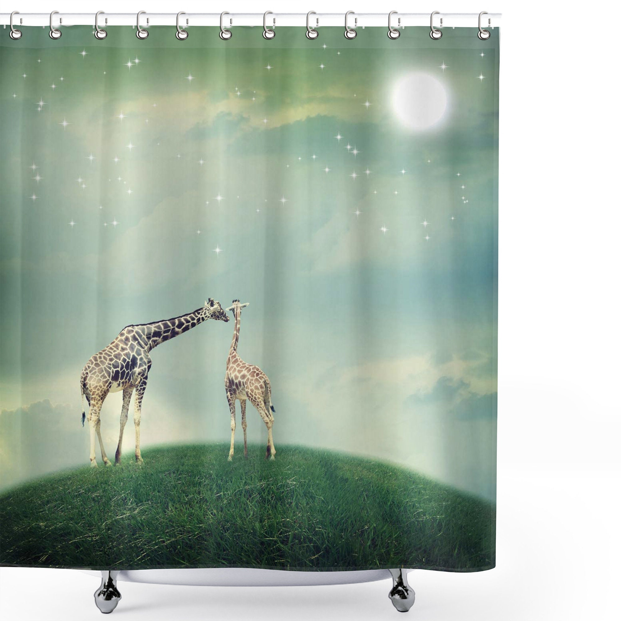 Giraffe Shower Curtain, Mother-Child Animal Print, Romantic Bathroom Decor